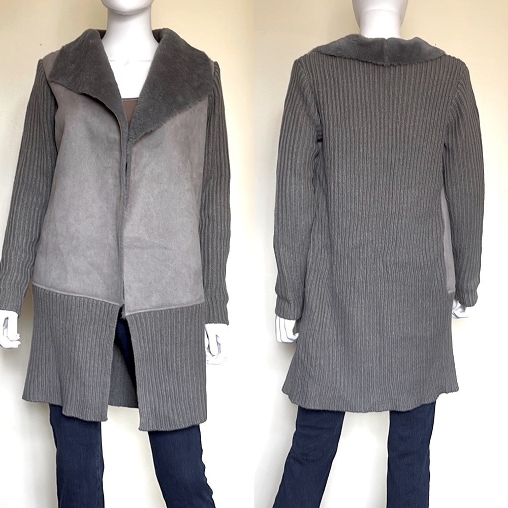 STELLA + lorenzo grey long knit & faux suede open front sweater. size S.…